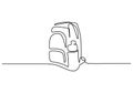 One continuous line drawing of backpack for travelers and tourists. A rucksack for traveler, backpacker, climber or camper. A