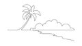One continuous line drawing of beach with palm tree. Abstract tropical landscape with sea and clouds in simple linear Royalty Free Stock Photo