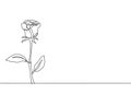 One continuous line drawing of beautiful romantic fresh rose flower. Trendy greeting card, invitation, logo, banner, poster