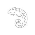 One continuous line drawing of beauty chameleon with spiral tail mascot concept for reptilian pet lover society. Exotic reptile