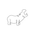 One continuous line drawing of big cute hippopotamus for company logo identity. Huge wild hippo animal mascot concept for national