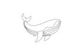 One continuous line drawing of big giant blue whale. Protected mammal animal species in ocean. Gigantic underwater creature