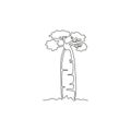 One continuous line drawing big and sturdy baobab tree. Decorative gigantic historical tree for national park logo. Home wall art