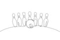 One continuous line drawing of bowling pins lined up at bowling lane. Healthy sport logo, icon and symbol concept. Dynamic single Royalty Free Stock Photo