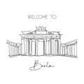 One continuous line drawing Brandenburg Gate landmark. World iconic place in Berlin, Germany. Holiday vacation wall decor art