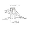 One continuous line drawing Brooklyn Bridge landmark. World beauty iconic place in New York, USA. Home wall decor art poster print