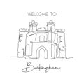 One continuous line drawing Buckingham Old Gaol landmark. Old palace in Buckingham, England. Holiday vacation home wall decor