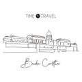 One continuous line drawing Buda Castle landmark. Historical royal palace in Budapest, Hungary. Travel vacation home wall decor