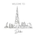 One continuous line drawing Burj Khalifa Tower landmark. World iconic place in Dubai, UAE. Holiday vacation home wall decor art