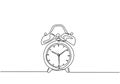 One continuous line drawing of classic analog desk alarm clock with big ring bell to tell the time. Table timepiece concept.