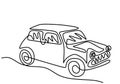 One continuous line drawing of classical BWM Mini Cooper Sport car. Vintage racing car driving on dusty road. Classic Royalty Free Stock Photo