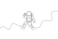 One continuous line drawing cosmonaut eating delicious fresh Italian pizza in galactic universe. Fantasy outer space astronaut