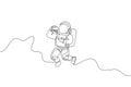 One continuous line drawing of cosmonaut eating fresh delicious burger in galactic universe. Fantasy outer space astronaut life