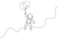 One continuous line drawing of cosmonaut exploring outer space. Astronaut flying with balloons. Fantasy cosmic galaxy discovery