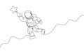 One continuous line drawing of cosmonaut exploring outer space. Astronaut reaching flying star. Fantasy cosmic galaxy discovery