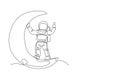 One continuous line drawing cosmonaut exploring outer space. Astronaut standing on crescent moot. Fantasy cosmic galaxy discovery