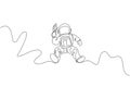 One continuous line drawing of cosmonaut flying and eating sweet cold cone milk ice cream in galactic. Fantasy outer space