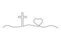 One Continuous line drawing cross of christ and heart. Vector illustration. EPS 10. Royalty Free Stock Photo