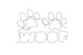 One continuous line drawing of cute adorable typography animal pet quote - Woof for puppy dog sound. Calligraphic design for print
