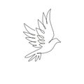 One continuous line drawing of cute flying dove bird for logo identity. Peace and freedom symbol mascot concept for national labor