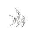 One continuous line drawing of cute freshwater angelfish for company logo identity. Beauty pterophyllum fish mascot concept for