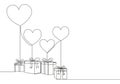 One continuous line drawing of cute gifts box tied with ribbon tape and flying heart shaped gas balloon. Romantic marriage