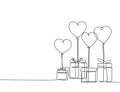 One continuous line drawing of cute gifts box tied with ribbon tape and flying heart shaped gas balloon. Romantic marriage