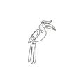 One continuous line drawing of cute great hornbill for company logo identity. Large beak bird mascot concept for national