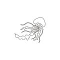 One continuous line drawing of cute jellyfish for company logo identity. Poisonous sea jellies creature mascot concept for aquatic