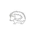 One continuous line drawing of cute little hedgehog for logo identity. Adorable mini spiky rodent animal concept for national zoo