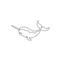 One continuous line drawing of cute narwhal with tusk for marine company logo identity. Unique narwhale mascot concept for fairy