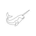 One continuous line drawing of cute narwhal with tusk for marine company logo identity. Unique narwhale mascot concept for fairy