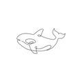 One continuous line drawing of cute orca for marine logo identity. Killer whale mascot concept for sea world show icon. Modern