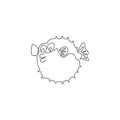 One continuous line drawing of cute pufferfish for aquatic logo identity. Balloon fish mascot concept for fresh seafood icon.