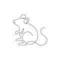 One continuous line drawing of cute standing mouse for logo identity. Funny rodent animal mascot concept for pest control icon. Royalty Free Stock Photo