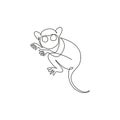 One continuous line drawing of cute tarsier for company logo identity. Little monkey with big eyes mascot concept for national zoo