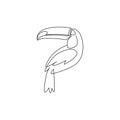 One continuous line drawing of cute toucan bird with big beak for logo identity. Exotic animal mascot concept for national