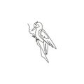 One continuous line drawing of cute woodpecker on wood tree. Beak drummer bird mascot concept for national zoo icon. Modern single