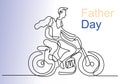 One continuous line drawing of a daddy with his daughter on motorcycle. Happy dad riding motorbike with little girl at the street