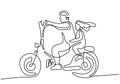 One continuous line drawing of a daddy with his daughter on motorcycle. Happy dad riding motorbike with little girl at the street