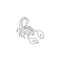 One continuous line drawing of danger scorpion for company logo identity. Dangerous insect mascot concept for poisonous liquid Royalty Free Stock Photo