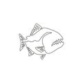 One continuous line drawing of dangerous piranha for logo identity. Monster fish mascot concept for dangerous river sign icon.