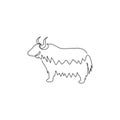 One continuous line drawing of dashing yak for company logo identity. Ox mammal mascot concept for livestock icon. Modern single