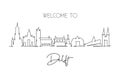 One continuous line drawing of Delft city skyline, Netherlands. Beautiful skyscraper postcard. World landscape tourism travel