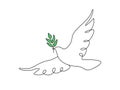 One continuous line drawing of dove of peace flying with green olive twig. Bird and branch symbol of peace and freedom Royalty Free Stock Photo