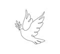 One continuous line drawing of dove of peace flying with olive twig. Bird and branch symbol of peace and freedom in Royalty Free Stock Photo