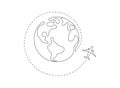 One continuous line drawing of Earth globe with airplane and dach path. Flight route on world map in simple linear style Royalty Free Stock Photo