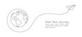 One continuous line drawing of Earth globe with paper airplane. Flight route path on world map in simple linear style Royalty Free Stock Photo