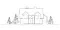 One continuous line drawing of family two story house with garden trees at village. Modern concept of Home architecture in