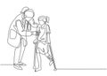 One continuous line drawing of female pediatric doctor doing therapy by helping young girl patient to get walk using crutch.